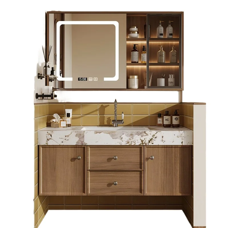 

New rock slab seamless ceramic basin medium antique solid wood multi-layer paint-free smart bathroom cabinet