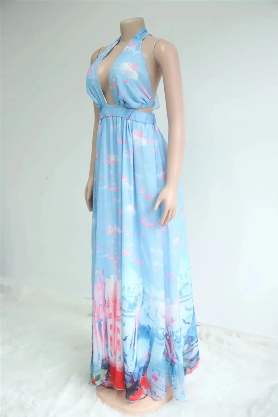 2024temu New Europe, America and Africa Fashion Printed Chiffon Backless Sexy Dress L2430