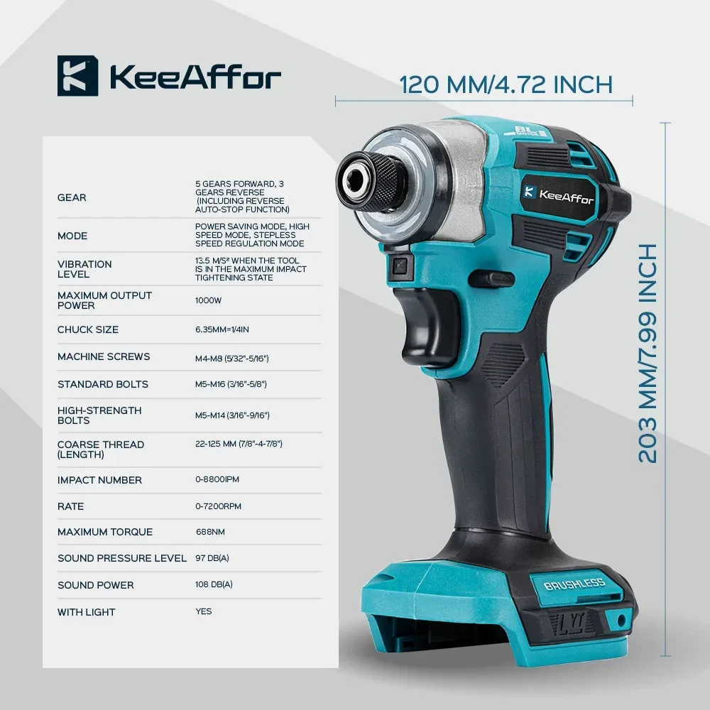 KEEAFFOR 1000W 688N.m 5Gears Electric Screwdriver Brushless Cordless Electric Drill Cordless Power Tool For Makita 18v Battery