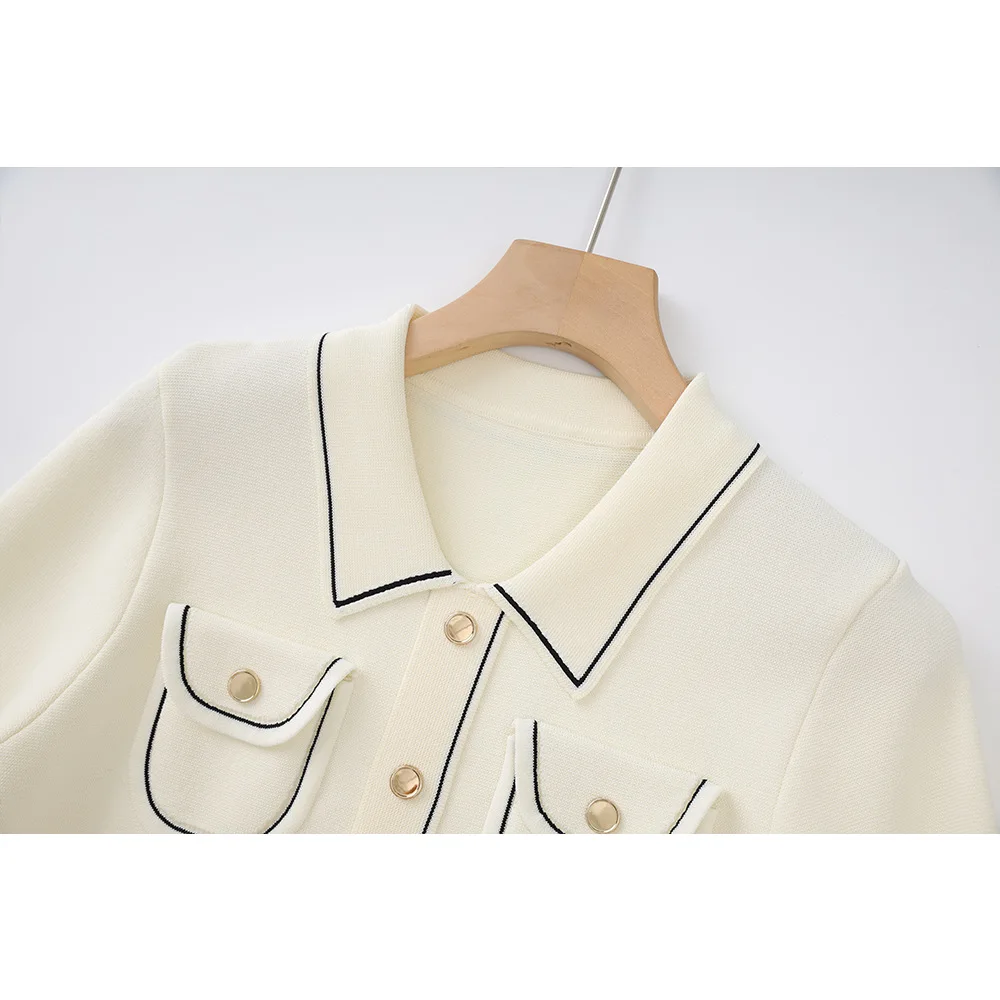 customized Off white contrasting POLO collar high waist cinched mid length socialite quality knitted dress