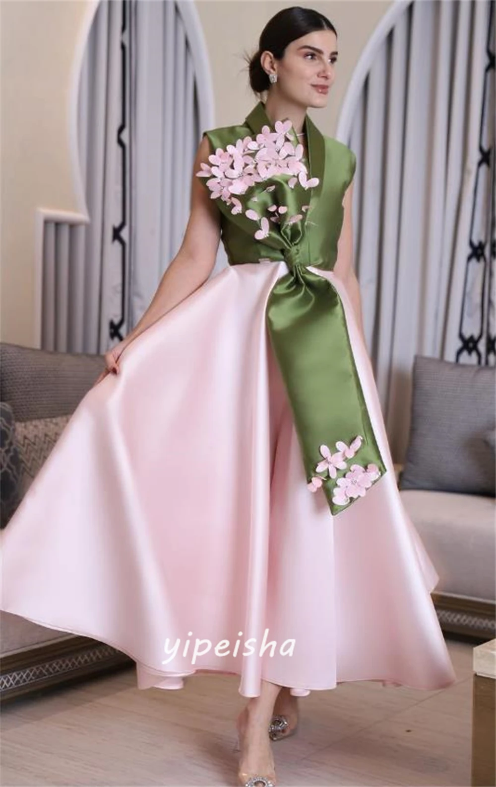 Sparkle Draped Applique Satin Birthday Ball Gown, V-Neck Bespoke Ocasião Midi Vestidos, Requintado Alta Qualidade