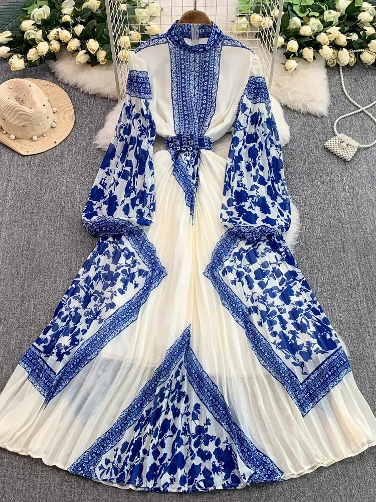 

Spring Autumn Women Printed Pleated Long Dress Vintage Stand Collar Puff Sleeve High Waist A-Line Draped Maxi Vestidos Robe New