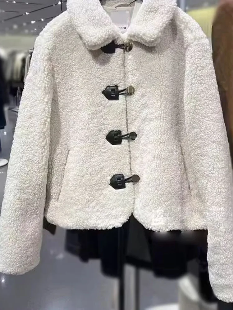 Dames 2024 Chique Effen Witte Jas Turn-down Kraag Lamswol Single-breasted Zak Dames High Street Korte Jas Winter