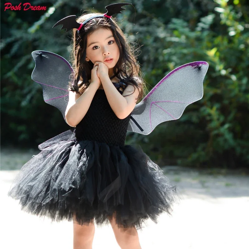 Bat Cosplay Kids Dresses for Girls with Headband Black Halloween Vampire Toddler Girls Tutu Dress for Cosplay Party