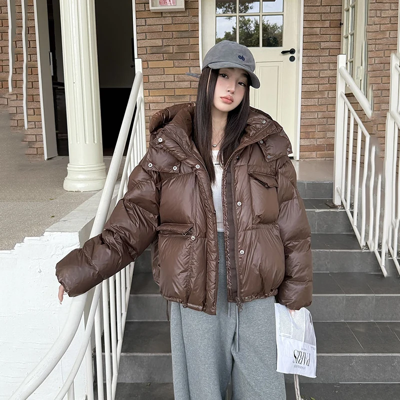 

Зимняя верхняя одежда Parker с капюшоном на белом утином пуху, женское пальто с большим карманом, однотонный свободный пуховик, новая женская теплая стеганая куртка на молнии