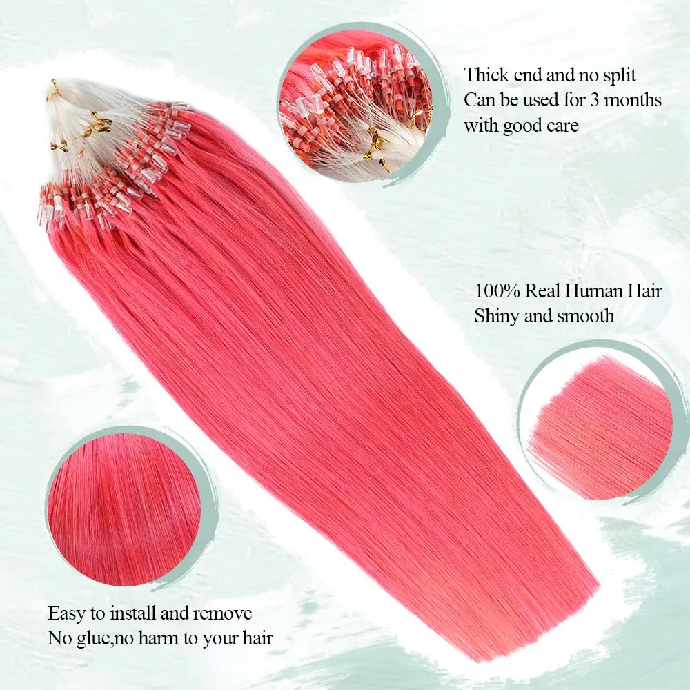 Extensões de cabelo rosa micro loop para mulheres, cabelo humano real, cabelo remy reto natural, cabelo microring colorido, 50g, quente