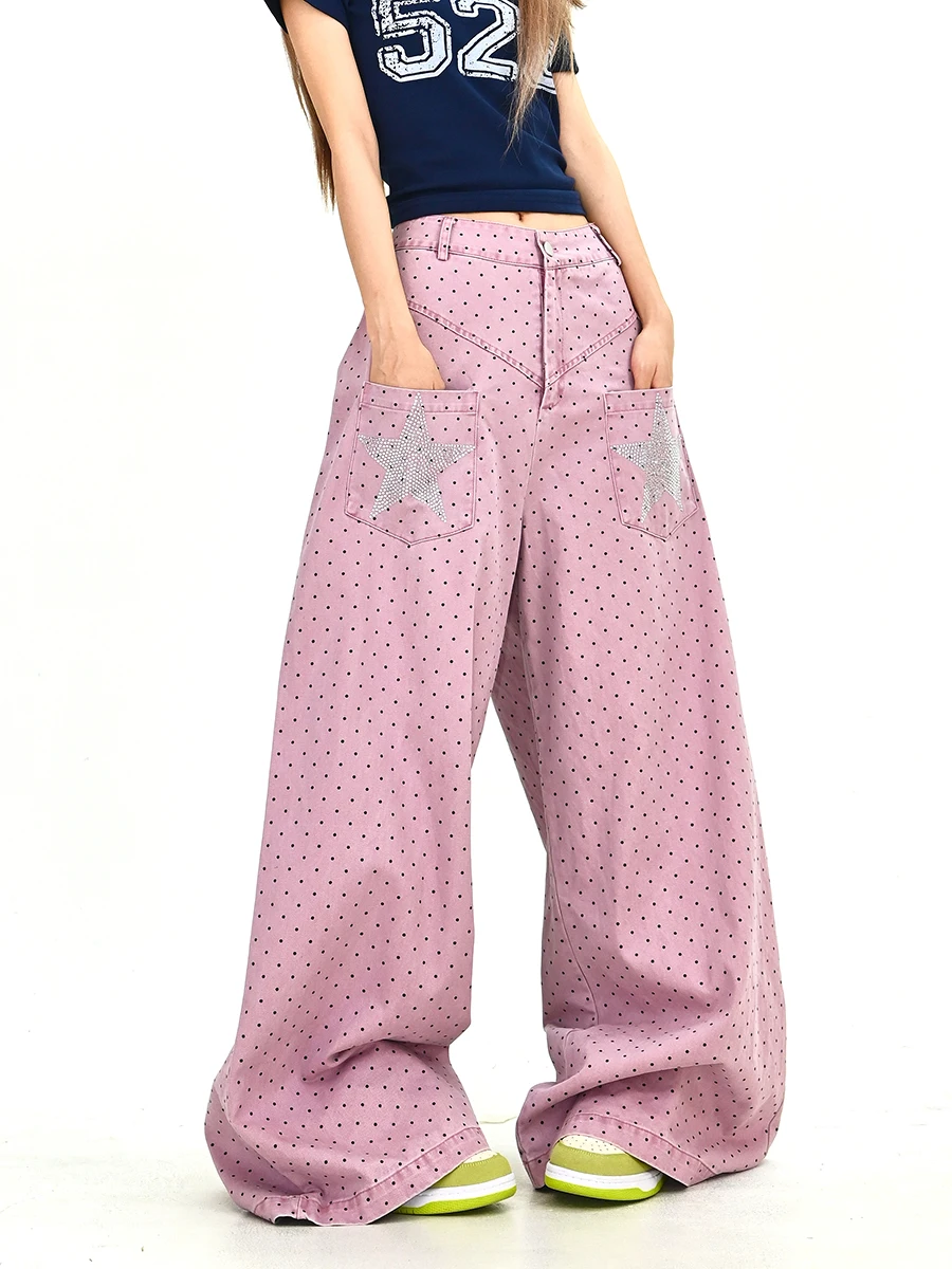 

Новые летние женские джинсы с широкими штанинами в горошек, свободные, в американском ретро-стиле, с звездами и стразами, джинсовые брюки для молодых женщин