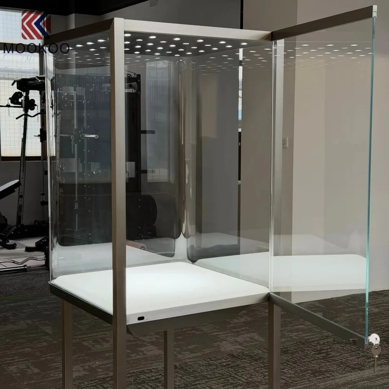 custom.Stainless Steel Pedestal Glass Display Showcase Jewelry Display Cabinet with LED Light Luxury Goods, Artwork & Jewelr