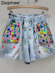 Fashion High Waist Wide Leg Shorts 2024 Summer New Heavy Industry Inlaid Color Diamond Beaded Elastic Waist Denim Shorts Women