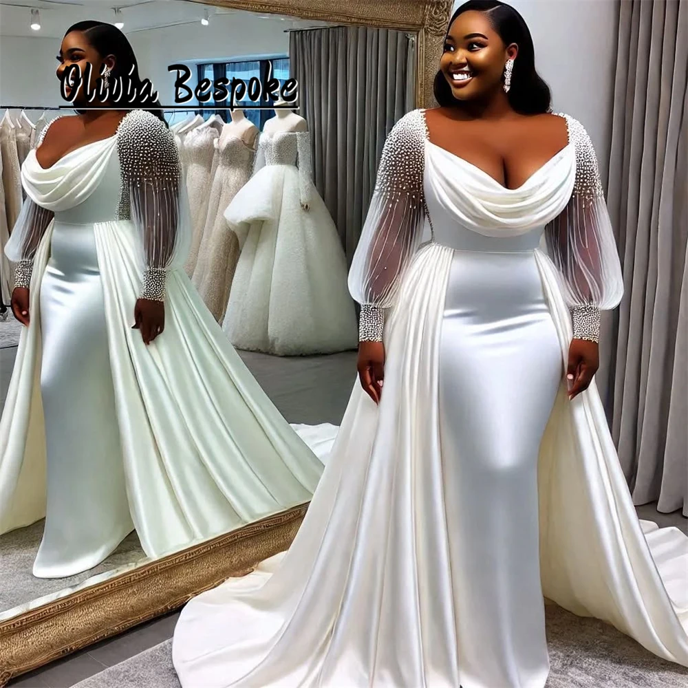 

Chic Aso Ebi Beads Pearls Wedding Dresses For Women 2025 Bride Luxury Puff Long Sleeves Bridal Gowns Mermaid African Customized