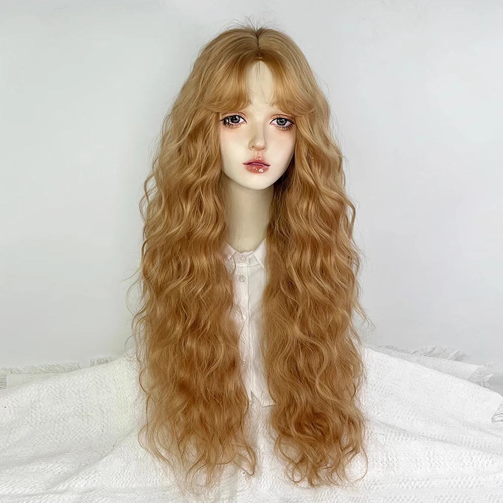 Synthetic Wig Long Wavy Blonde Middle Part Fluffy Lolita Cosplay Women Wig Heat Resistant for Daily Party
