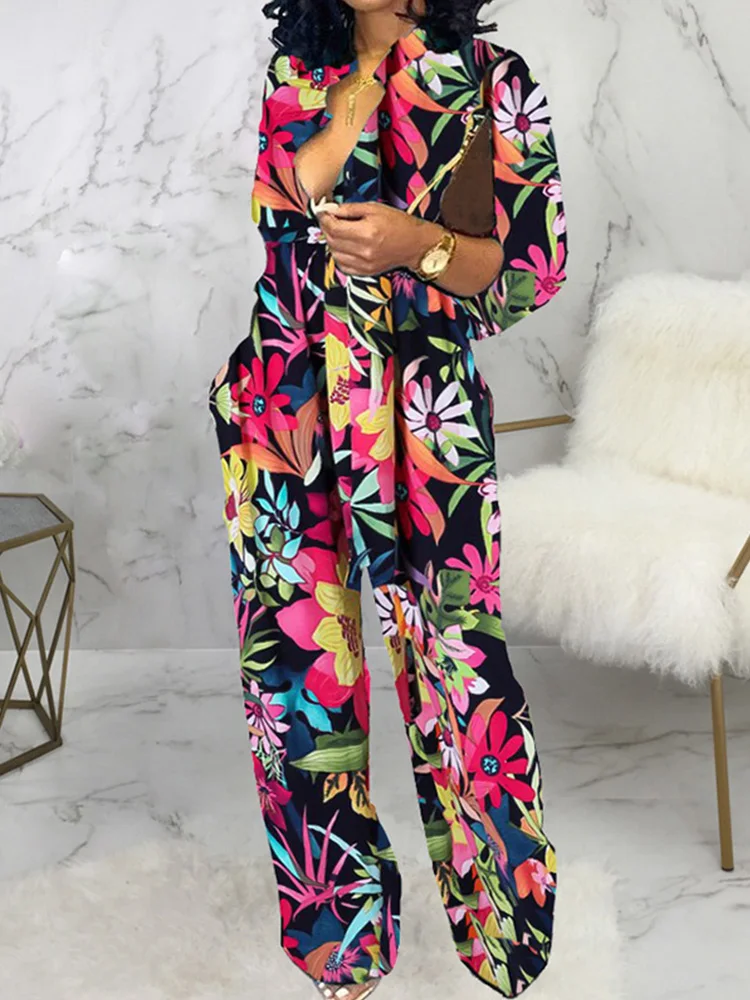 Chic Print Tied Waist Long Sleeve Buttoned Rompers Women Jumpsuit