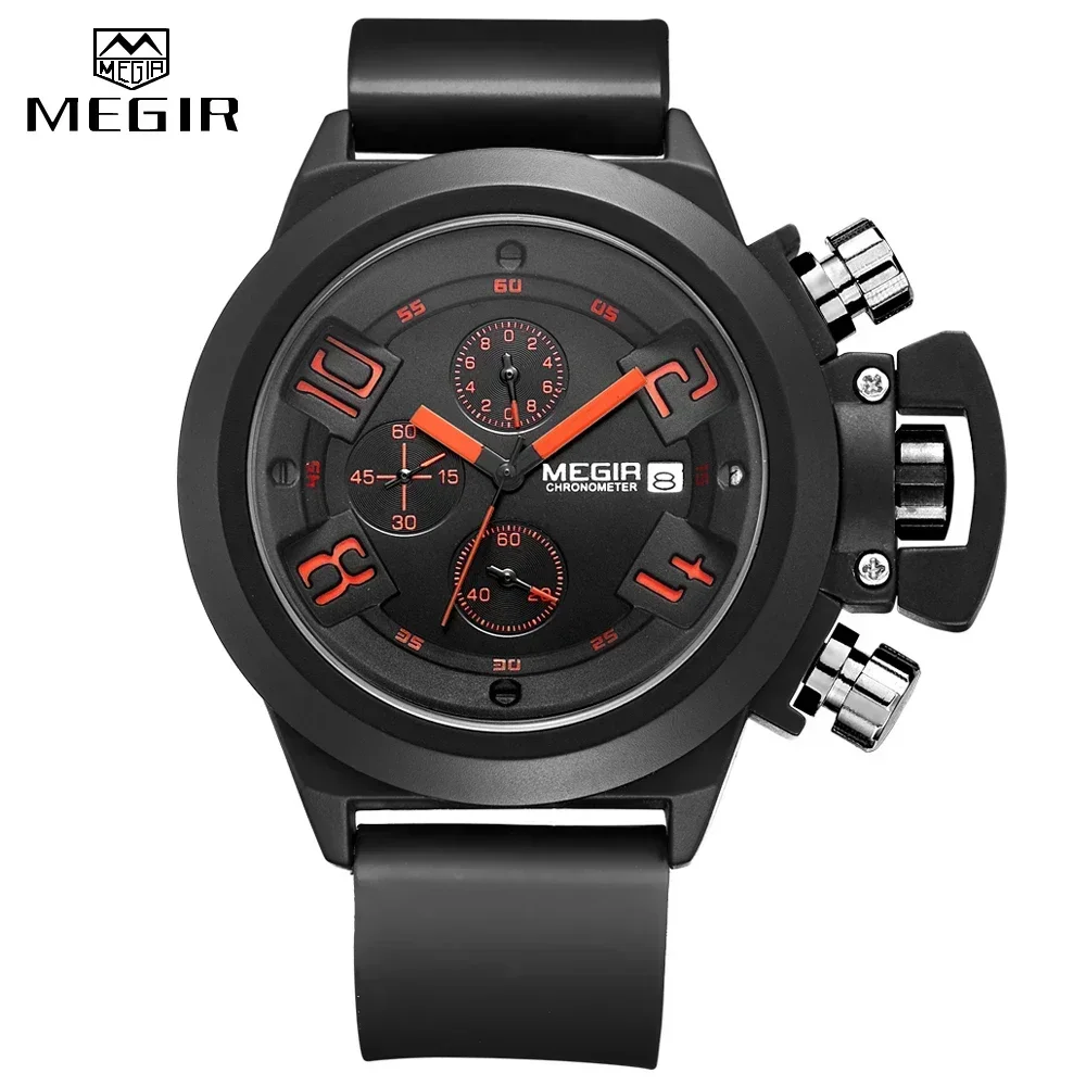 MEGIR 3D Engraved Dial Clocks Sports Quartz Men's Watches Black Silicone Waterproof Military Chronograph Male Wristwatch