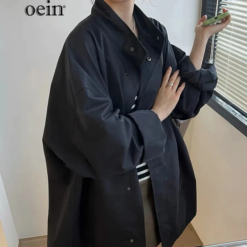 

[oein] 2024 Autumn Korean Chic Thin Style Lazy Style Stand Up Collar Loose Casual Long Sleeved Mid Length Trench Coat For Women