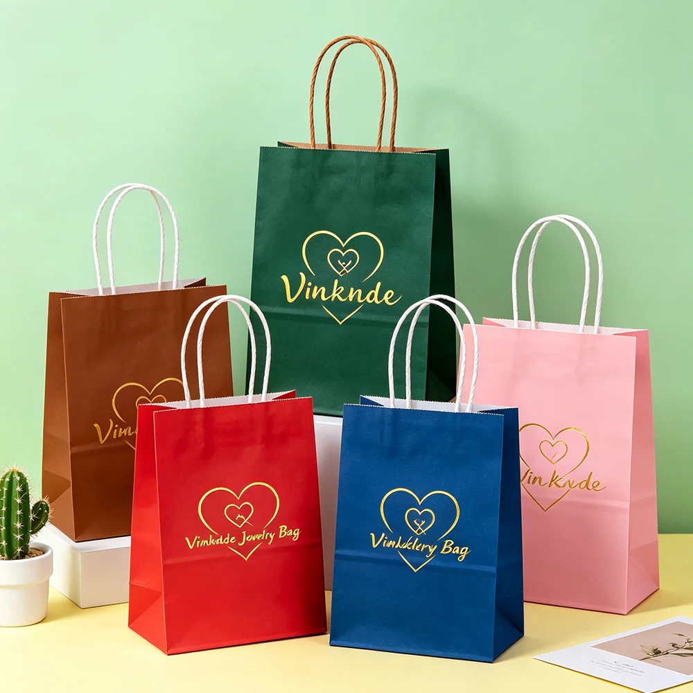 100Pcs Custom Paper Gift Bag with Handle Luxury Kraft Shopping Bags for Clothing Jewelry keychain Brooch Cosmetic Retail Stores