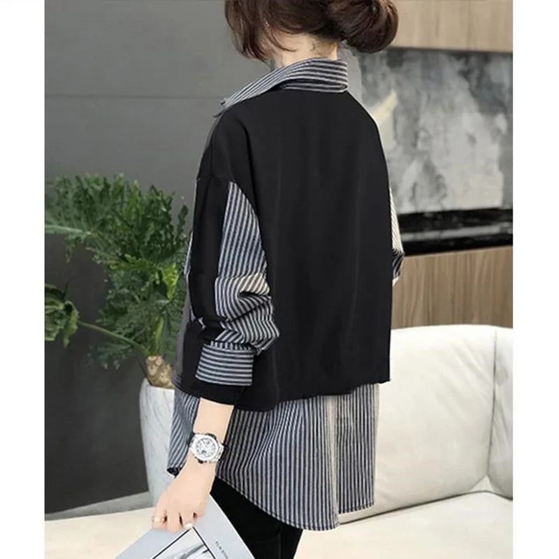 Fashion Lapel Spliced Loose Fake Two Pieces Striped Shirt Female Clothing 2023 Autumn New Casual Tops All-match Commute Blouse