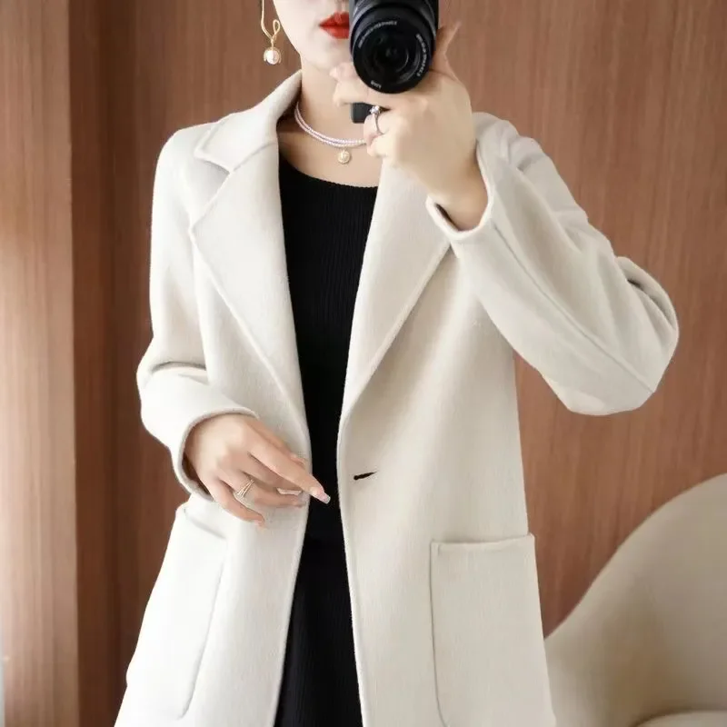 Women‘s Suit Neck Coat 2024 Woman Autumn Winter Mid-Length lining Coat Slim Solid Color Woolen Jacket Female