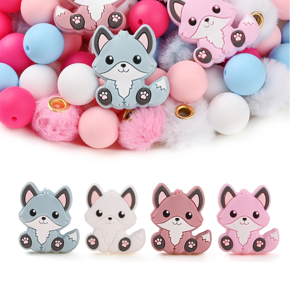 30Pcs Silicone Beads Set Round Fox Shaped Focus Teether Beads For DIY Baby Pacifier Chain Bracelet Jewelry Making Accessories