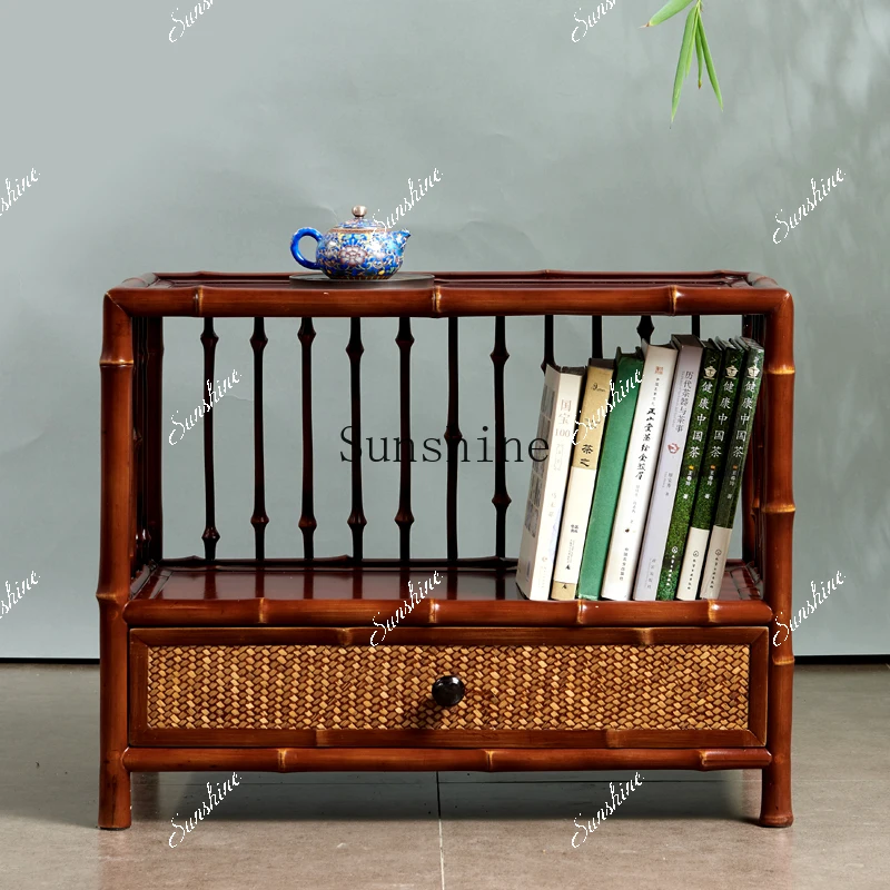 Retro side tea cabinet, living room corner floor-to-ceiling handmade tenon and mortise bamboo drawer storage FT