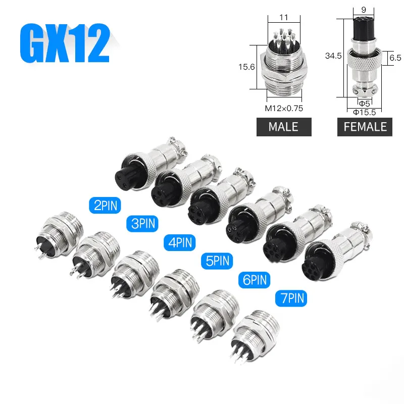 

10Pcs GX12 Aviation Circular Connector 2Pin 3pin 4pin 5pin 6pin 7pin M12 Male Plug& Female Socket 12mm DF12