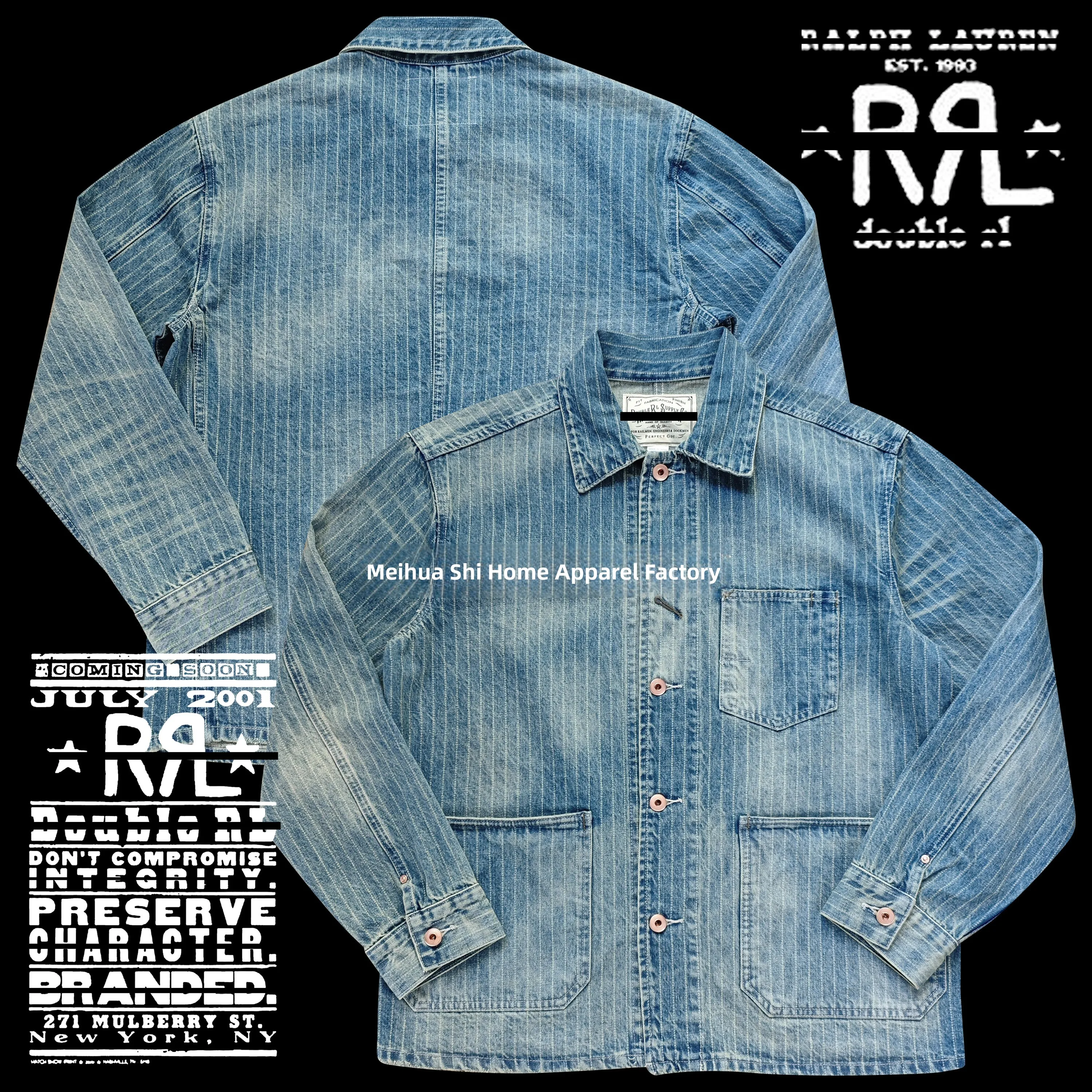 

Retro Waed Blue Railway Pattern Engineer Denim Jaet Loose Large Size Men's Unique Piece Double RL Vintage Watered Jeans Coat