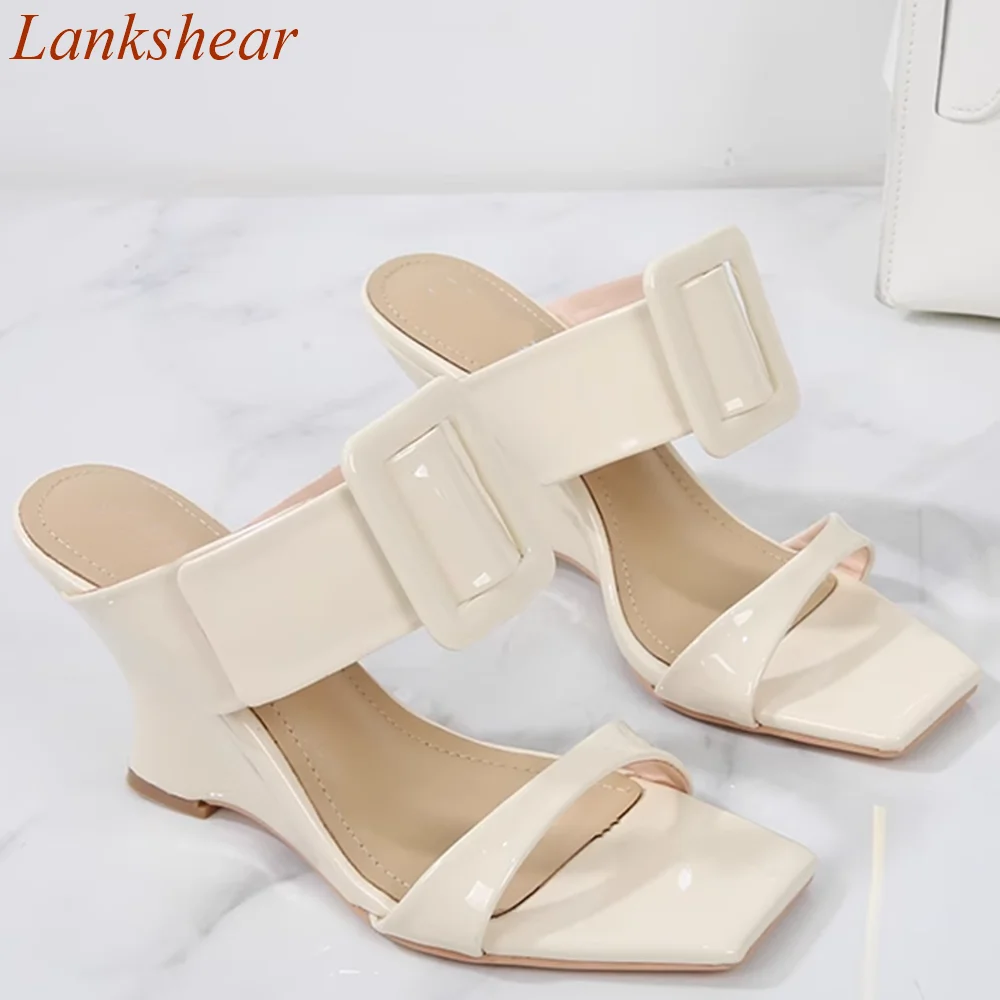 Square Toe Square Buckle Women Slippers Solid Wedges Fashion Summer Niche Design Straight Strap  Women Shoes 2024 New Arrivals