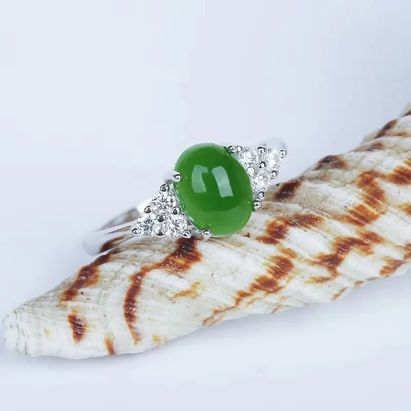 Natural Green Hetian Jasper Hand Carved Ring Fashion Jewelry Women's 925 Silver Inlaid Ring Gift Accessories