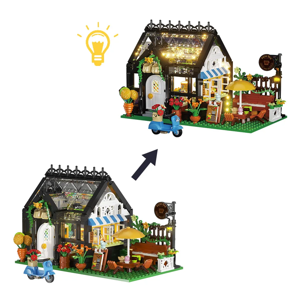 MOC Black Flower House Model Building Block Set LED Light Glowing Garden Courtyard House Flower Shop Flower Room Brick Toy Gift