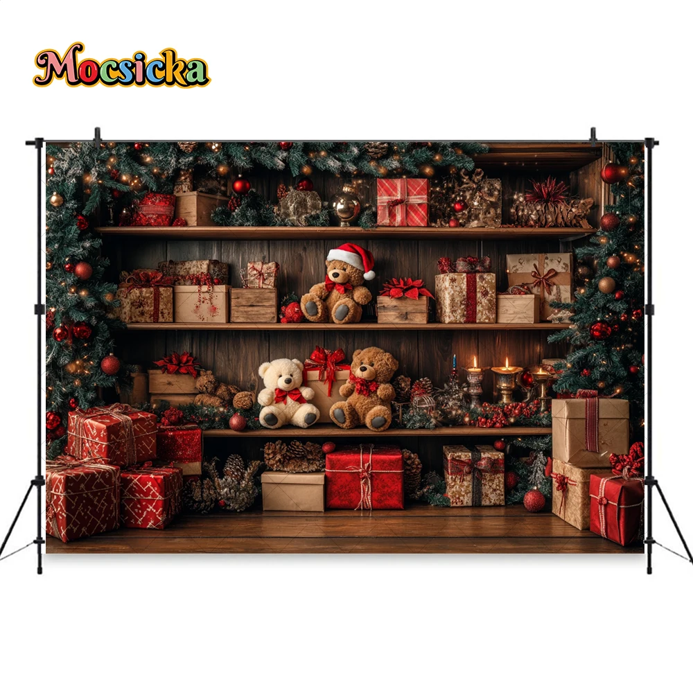 Christmas Gift Room Background Photography Toy Bear Bookshelf Xmas Tree Backdrop New Year's Eve Kids Baby Birthday Photo Studio