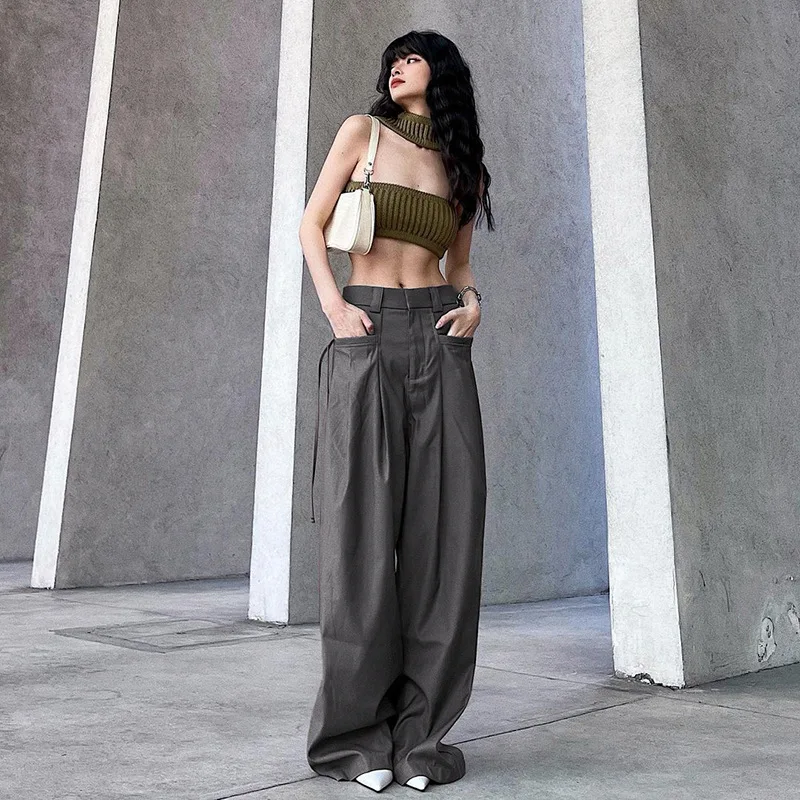 High Waist Straight Wide Leg Pants 2024 Autumn Women Casual Pockets Floor Length Solid Color Sweatpants Female Baggy Trousers