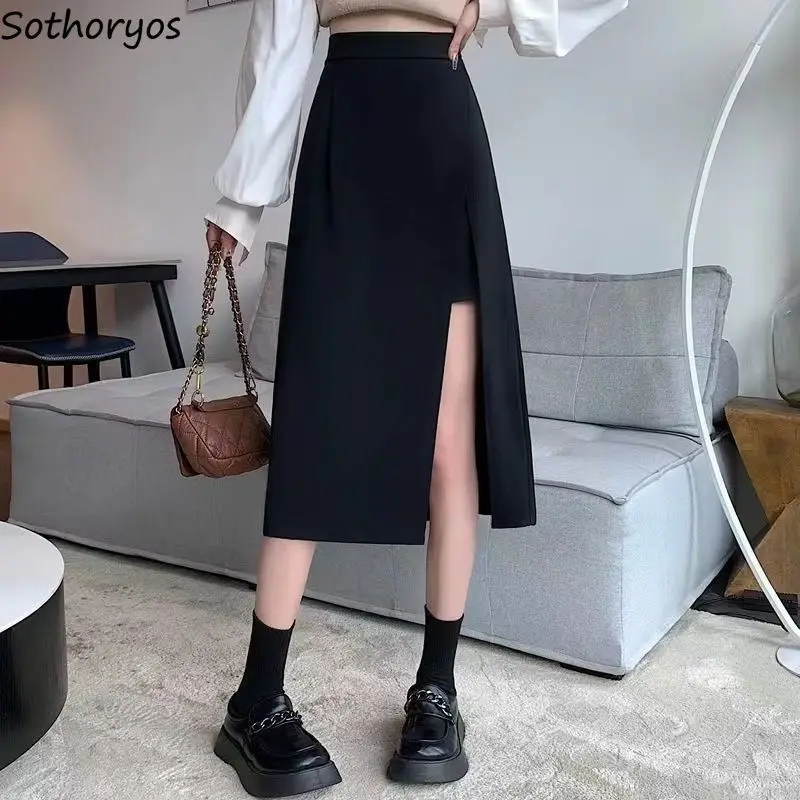 

Black Midi Skirts Women Chic Side-slit XS-5XL High Waist A-line Skirt Elegant Office Ladies Spring Fashion Korean Style Faldas