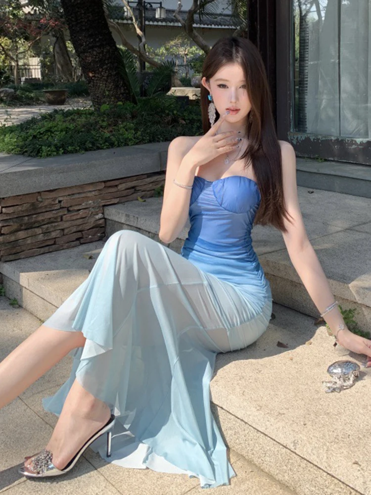 Sexy Gradient Blue Casual Vacation Style Dress for Women Socialite Sweet Strapless Sheer Mesh Fishtail Robe Party Club Vestidos