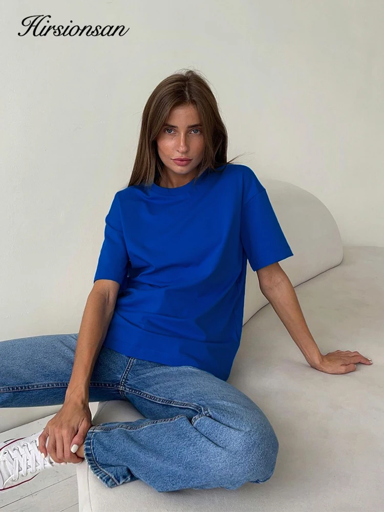 Hirsionsan-トレンディな女性用コットンTシャツ,ラウンドネックの柔らかく半袖Tシャツ,シンプルな女性用トップス100%