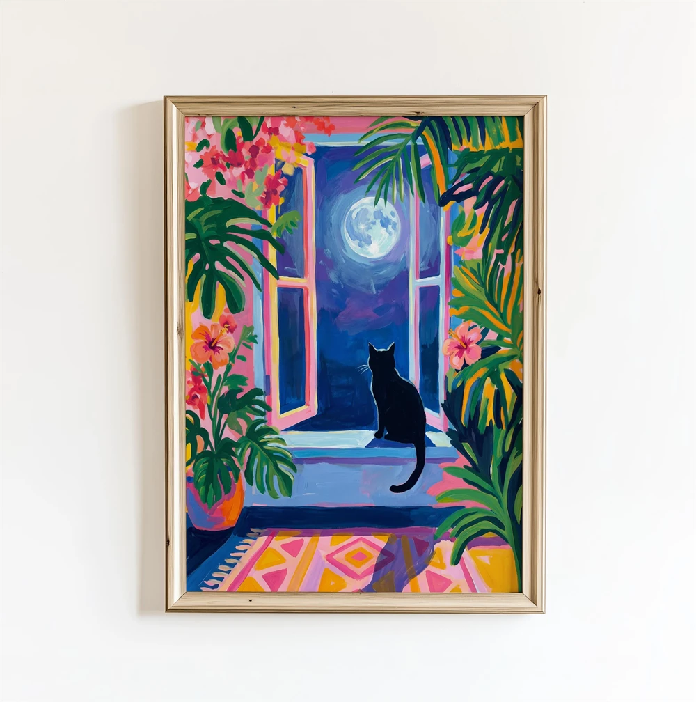 

Moonlit Window Daydream Cat Wall Art Poster Tropical Bathroom Decor Colorful Floral Night Illustration Poster