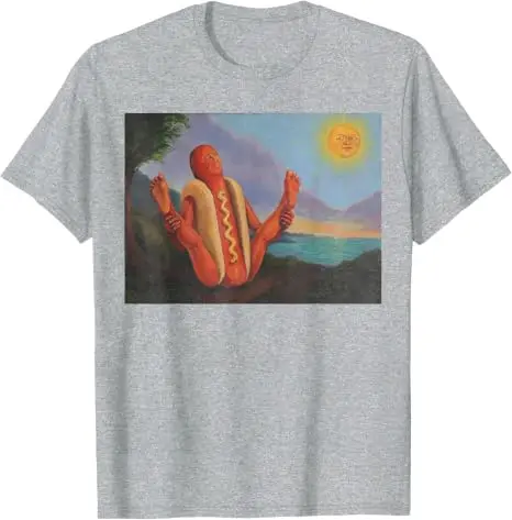 Hotdog, der sich in der Sonne sonnt, lustiges Hotdog-Yoga-T-Shirt, Y2k BBQ seltsame Essenskunst Comic-Grafik-Bekleidung, Yoga-Witz-Persönlichkeits-T-Shirt – Detail 5