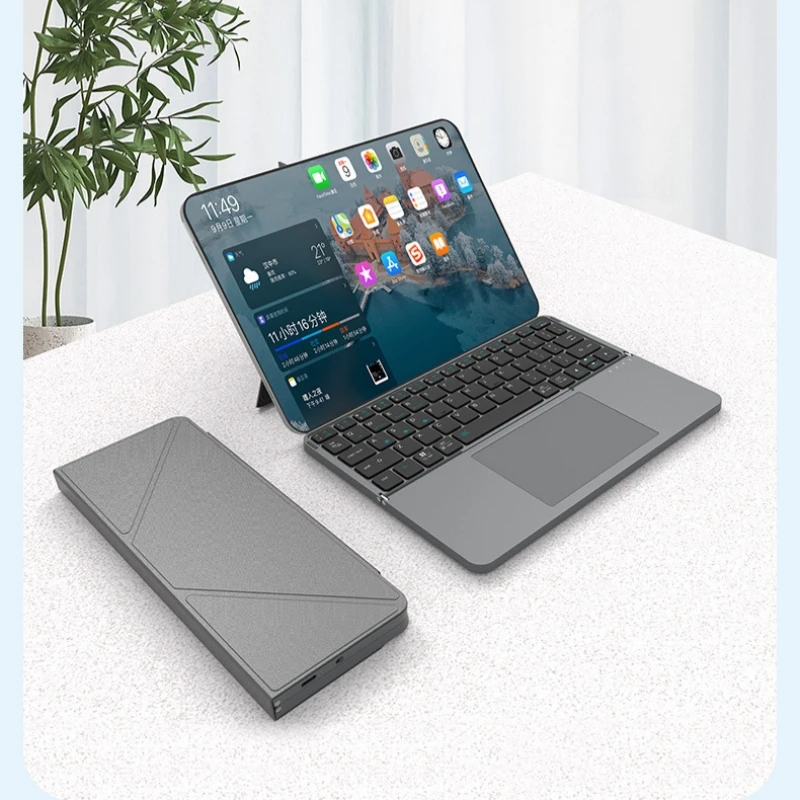 

Bluetooth wireless folding keyboard with touchpad leather cover bracket 64 keys suitable for tablet iPad