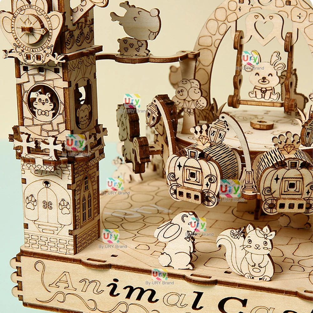 3D Wooden Mechanical Carousel Puzzle – Rotating Zoo Animal Model Kit 5