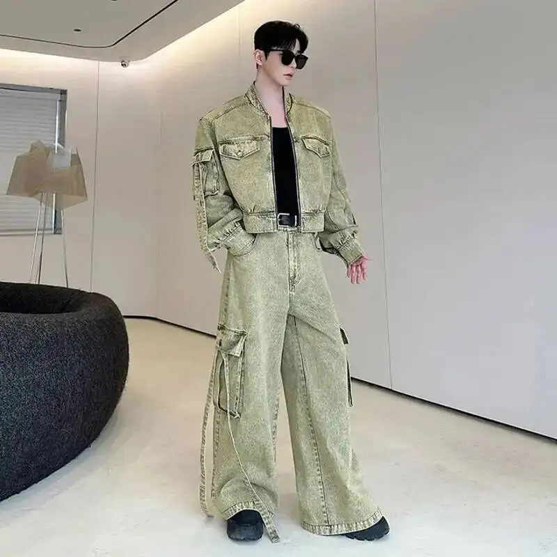 WVGA Spring Summer American Style Heavy Washed Multi-pocket Trendy Denim Jacket Niche Casual Straight Jeans Two-Piece Set W23789
