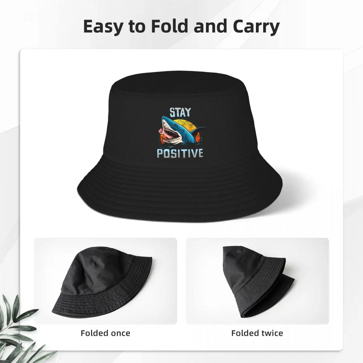 Trendy Stay Positive Shark Bucket Hat For Unisex Lightweight Positive Bob Hat Summer Beach Vacation Getaway Headwear