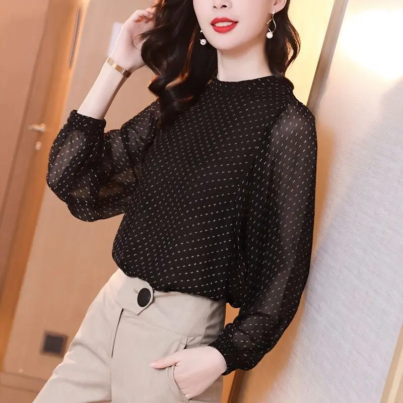 여성용 스탠드 칼라 물방울 무늬 우아한 루즈 캐주얼 랜턴 소매 쉬폰 상의, 단색 용수철, 가을 신상, 2024