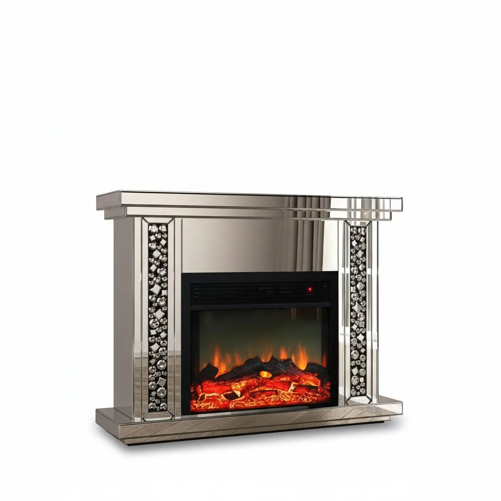 LED Electric Fireplace, Crystal Mirrored Glass, Travertine Diamond Crush Fireplace, 120x35x100cm, Standing Living Room Furniture