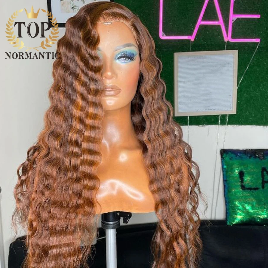 Topnormantic destaque marrom cor 13x6 perucas da parte dianteira do laço para as mulheres remy cabelo humano brasileiro onda profunda peruca preplucked linha fina