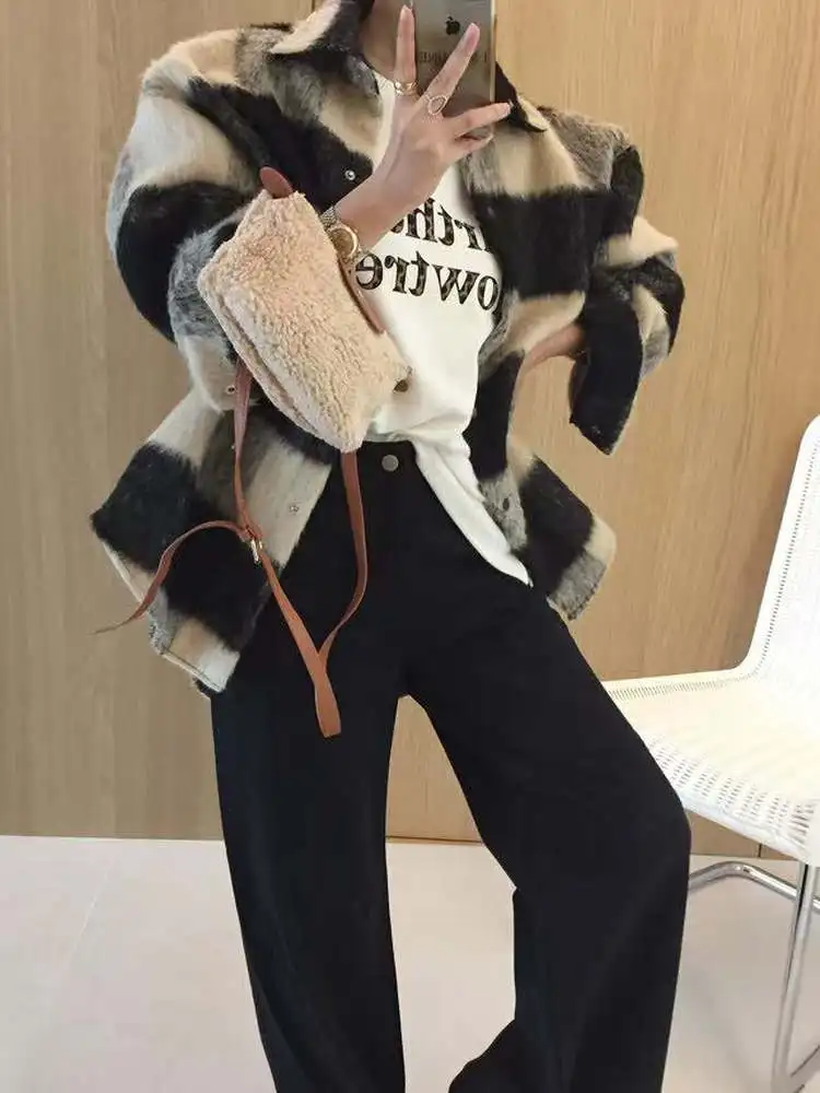 

Women's Vintage Sle Loose Fit Plaid Woolen irt Coat Warm Autumn Winter Outerwear Faionable Casual Long Sve Button up