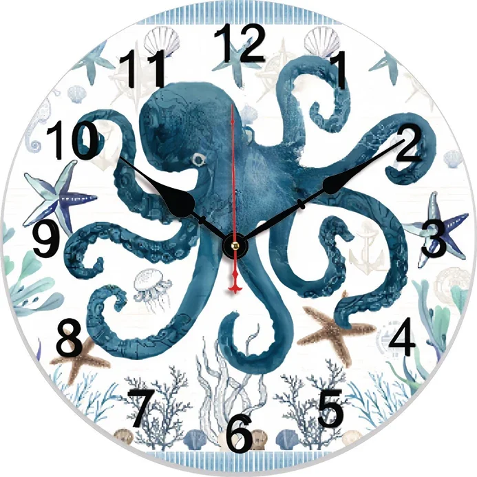 Starfish Octopus Coral Wall Clock Kitchen Decor Wall Art Silent Large Round Wall Clocks For Living Room Bedroom Office