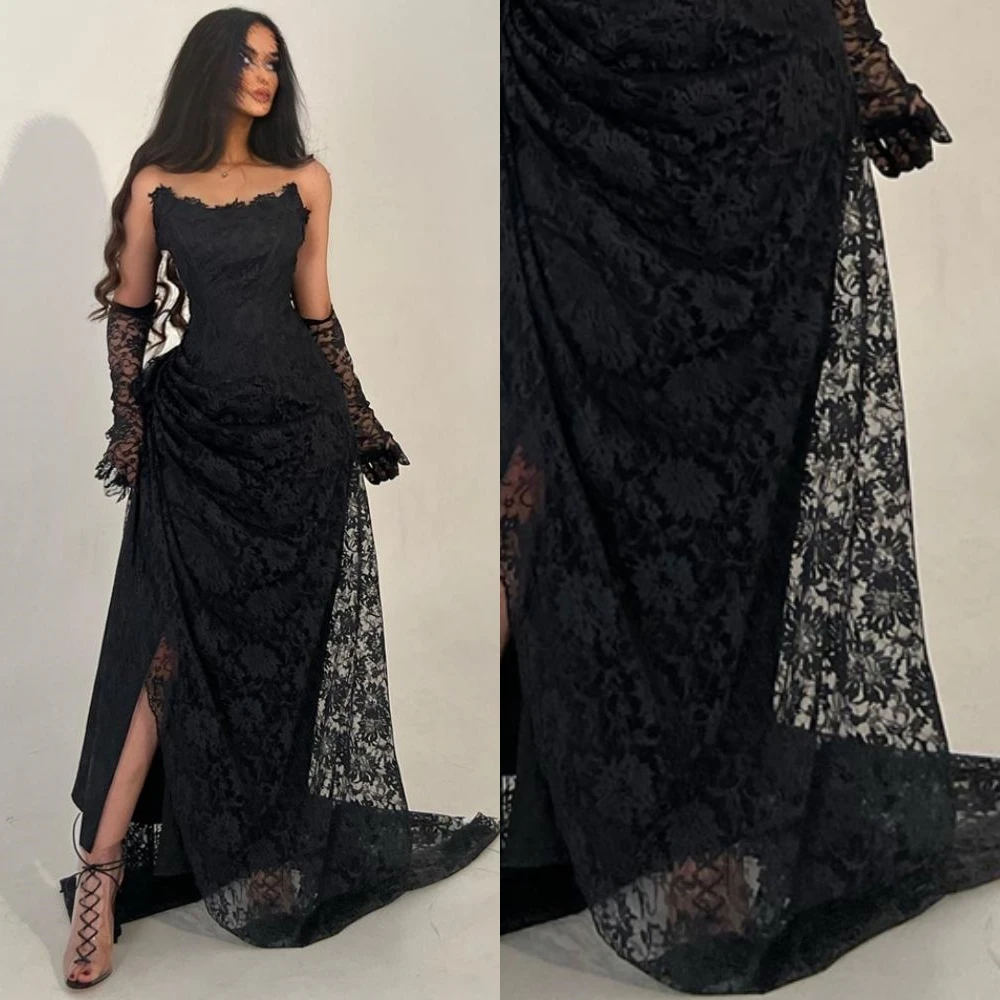 Customized  with Slit Fashion Strapless Straight Party Dress Floor Length Lace Formal Evening Gowns выпускное платье イブニングドレス