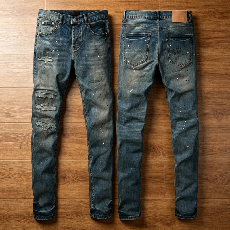 

American Summer High Quality Y2k Ripped Jeans Retro Casual Graffiti Ink Pattern Tight Elastic Denim Trousers