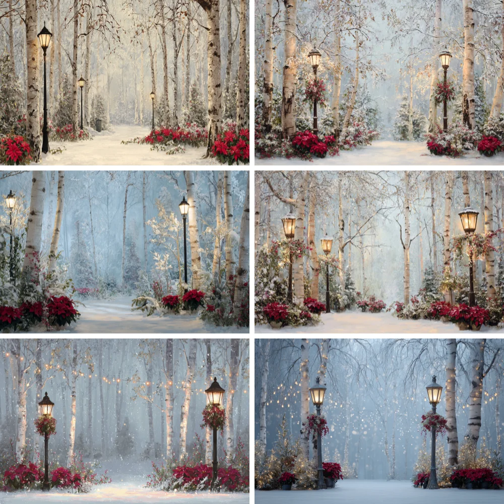 

Photography Background Winter Christmas Forest Flowers Lamp post Snow Xmas Tree Kids Family Portrait Decor Backdrop Photo Studio