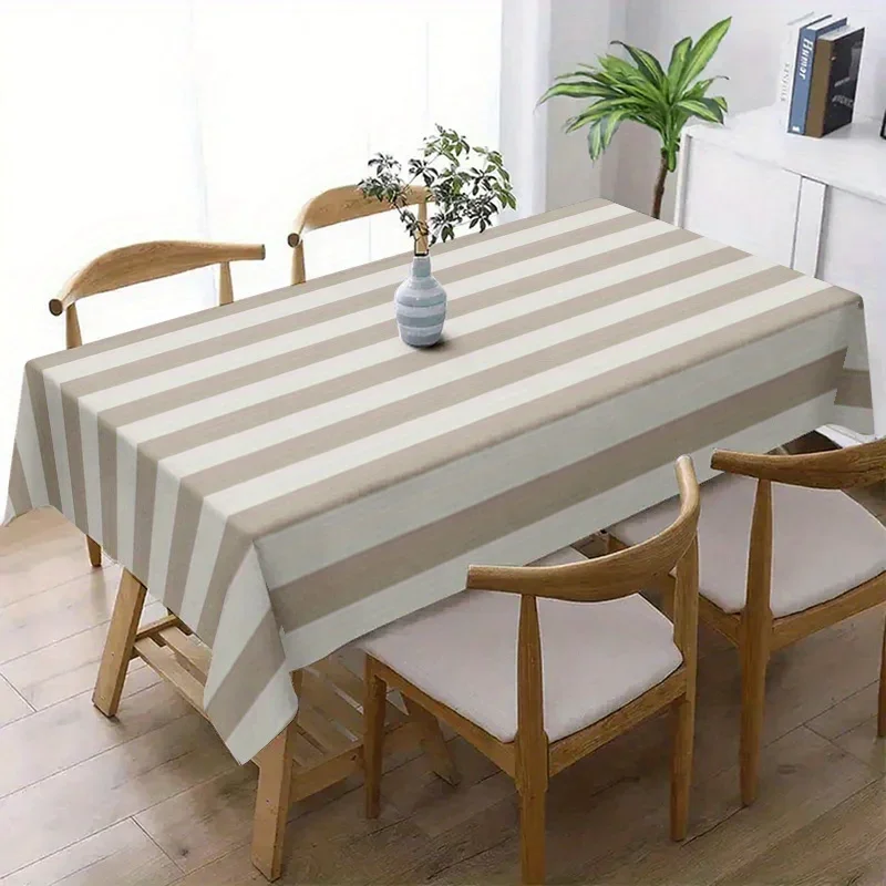 【jit】 1pc Soft, Fashionable and Beautiful Light Brown and White Striped Tablecloth, Machine Washable and Easy to Clean, Yzb