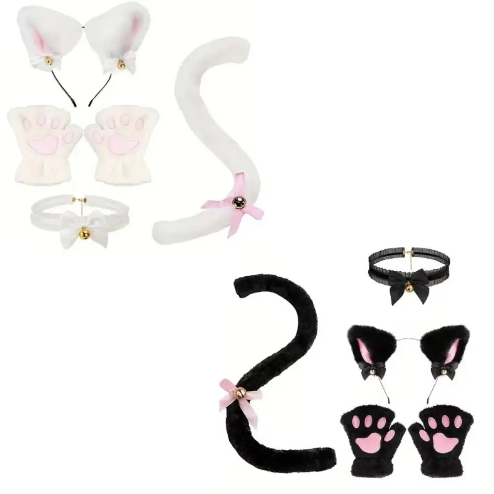 Ensemble de bandeaux oreilles de chat pour femme, couvre-chef Cosplay Lolita Jk, gants patte de chat, déguisement d'halloween pour femmes