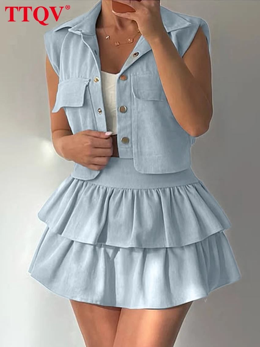 

TTQV Summer Slim Blue 2 Pieces Set For Woman Sexy Sleeveless Tank Top With High Waist Pleated Mini Skirt Set Female Streetwear